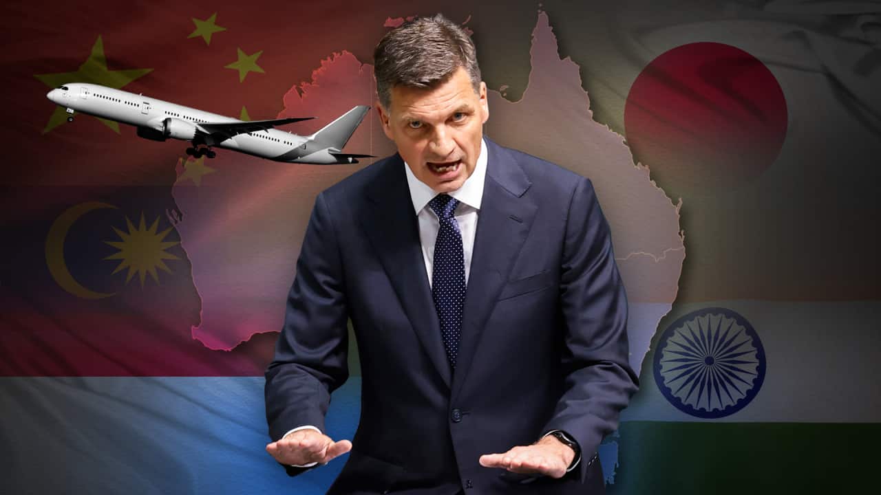 Angus Taylor in front of a graphic of a map of Australia and Indian, Chinese, Indonesian, Japanese, and Malaysian flags.