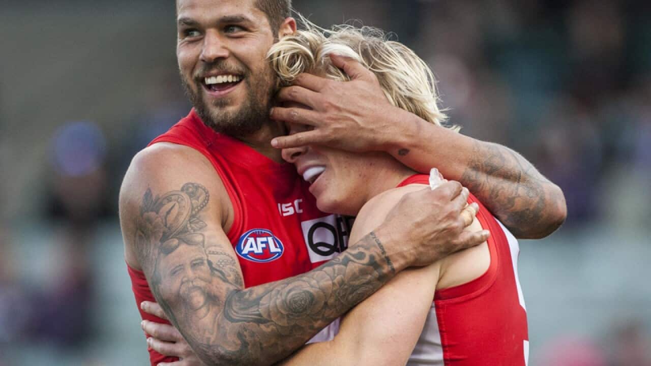 Lance Franklin and Isaac Heeney of the Swans celebrate