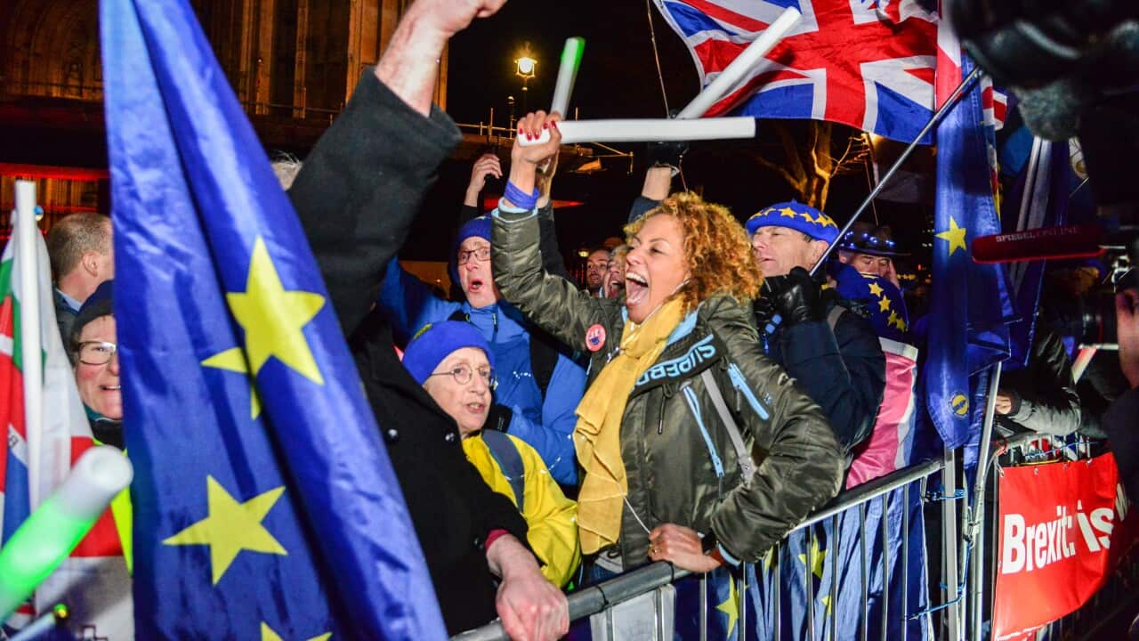 Remain supporters react opposite the Houses of Parliament in London,UK.