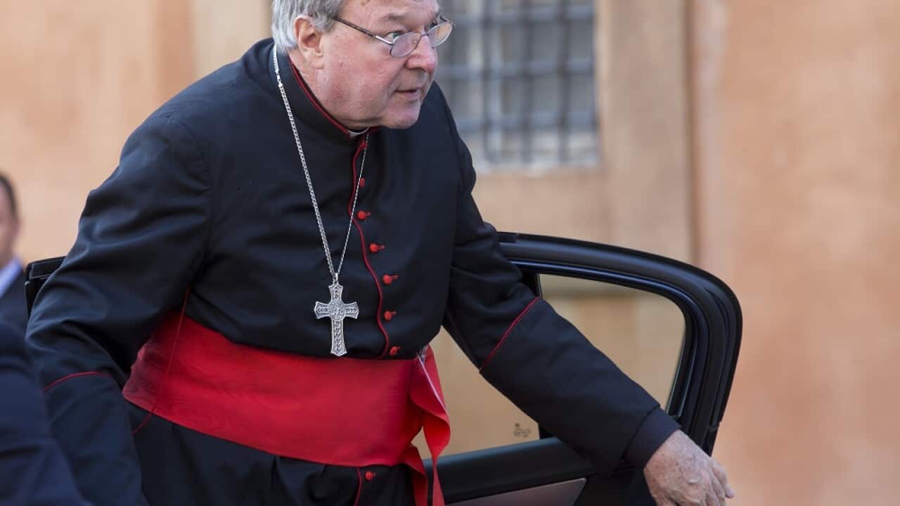 Australian Cardinal George Pell arrives for a morning session of a two-week synod on family issues at the Vatican, Monday, Oct. 6, 2014. (AP Photo/Alessandra Tarantino)