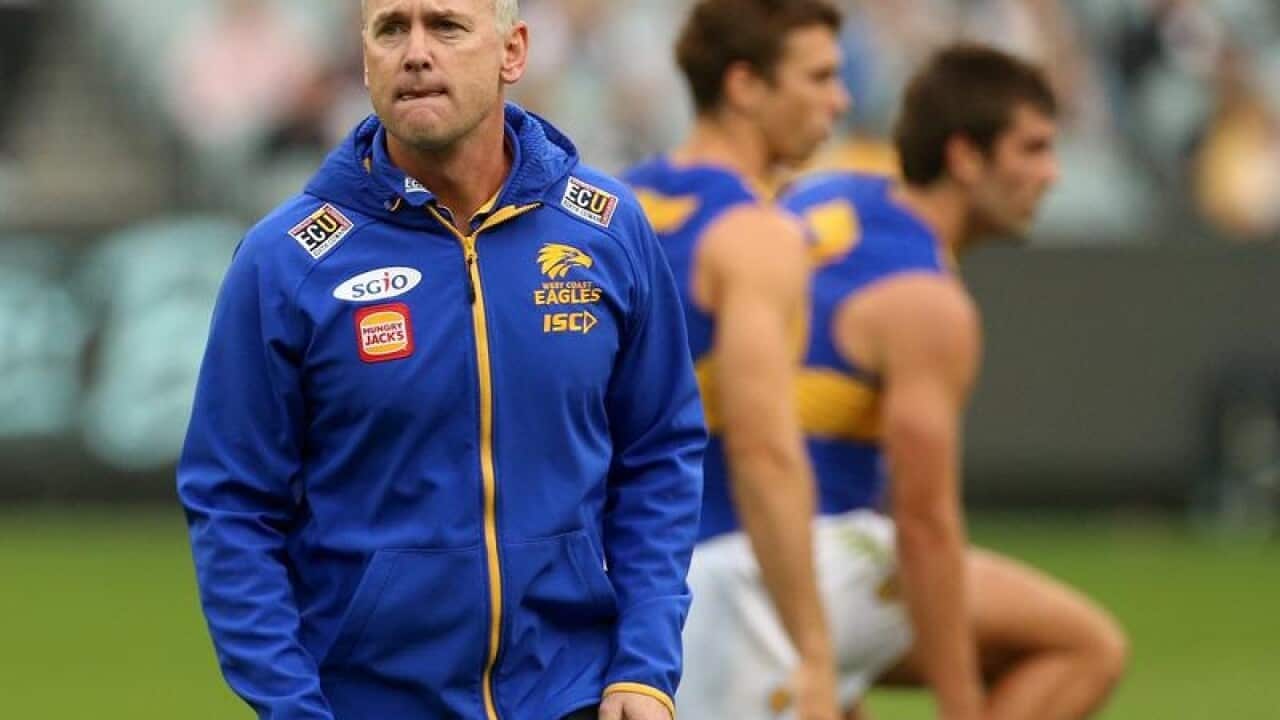 Adam Simpson coach of the Eagles at quarter time.