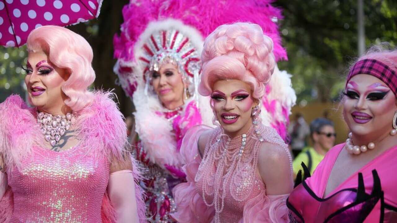 Participants in the annual Gay and Lesbian Mardi Gras prepare to march in the parade in Sydney, Saturday, March 3, 2018. More than 200 groups are marching in the parade. (AP Photo/Rick Rycroft)
