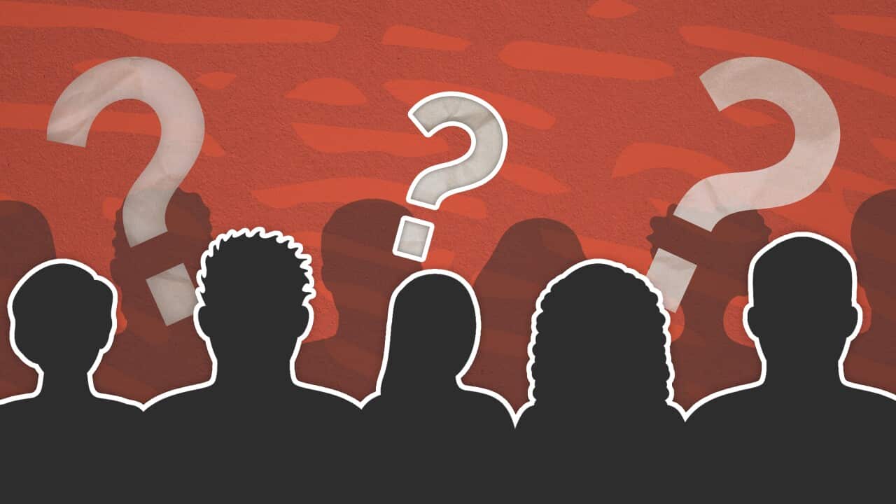 A graphic of silhouetted heads and shoulders with question marks above them.