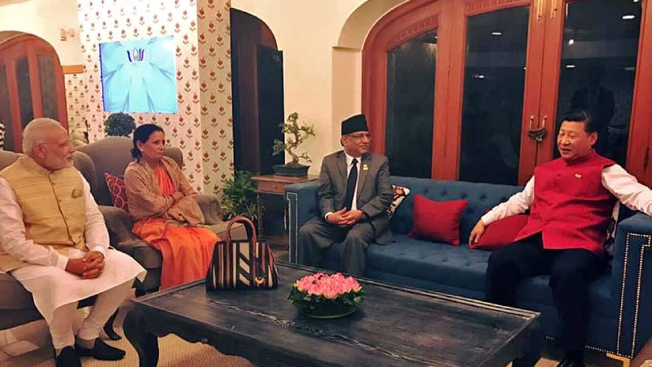 (From right) Chinese President Xi Jinping, Prime Minister Pushpa Kamal Dahal, Sita Dahal and Indian Prime Minister Narendra Modi in a meeting at Goa on Saturday, October 15, 2016. Photo Courtesy: Prakash Dahal