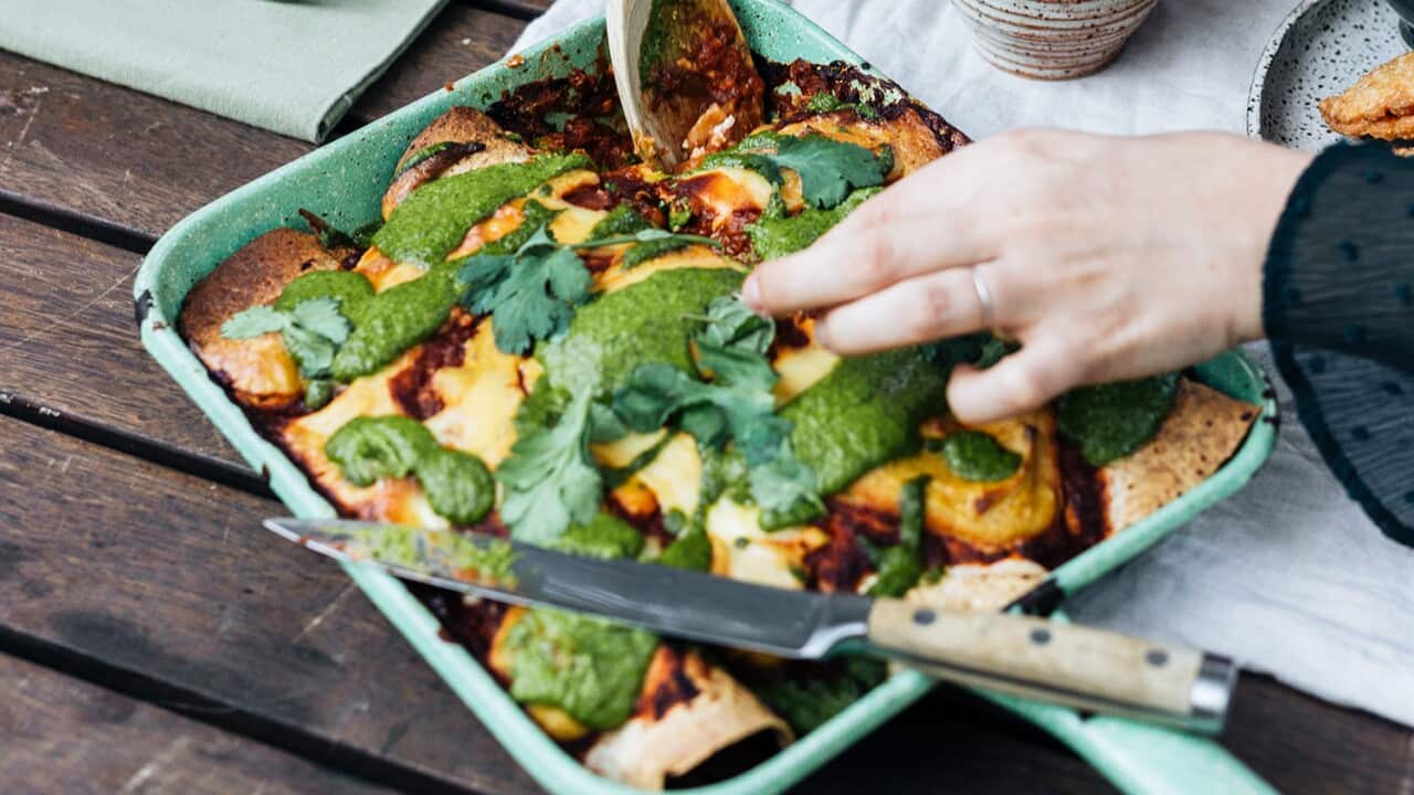 Roasted sweet potato and bean enchiladas