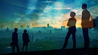 A stylised graphic showing the silhouettes of four office workers with a cityscape in the background and an overlay of tech symbols.