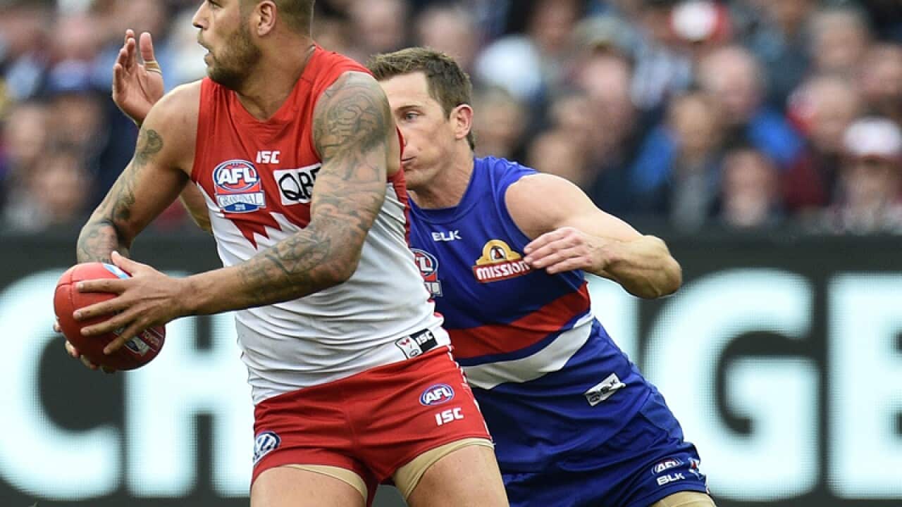 Lance Franklin of the Swans (L) and Western Bulldogs' Dale Morris