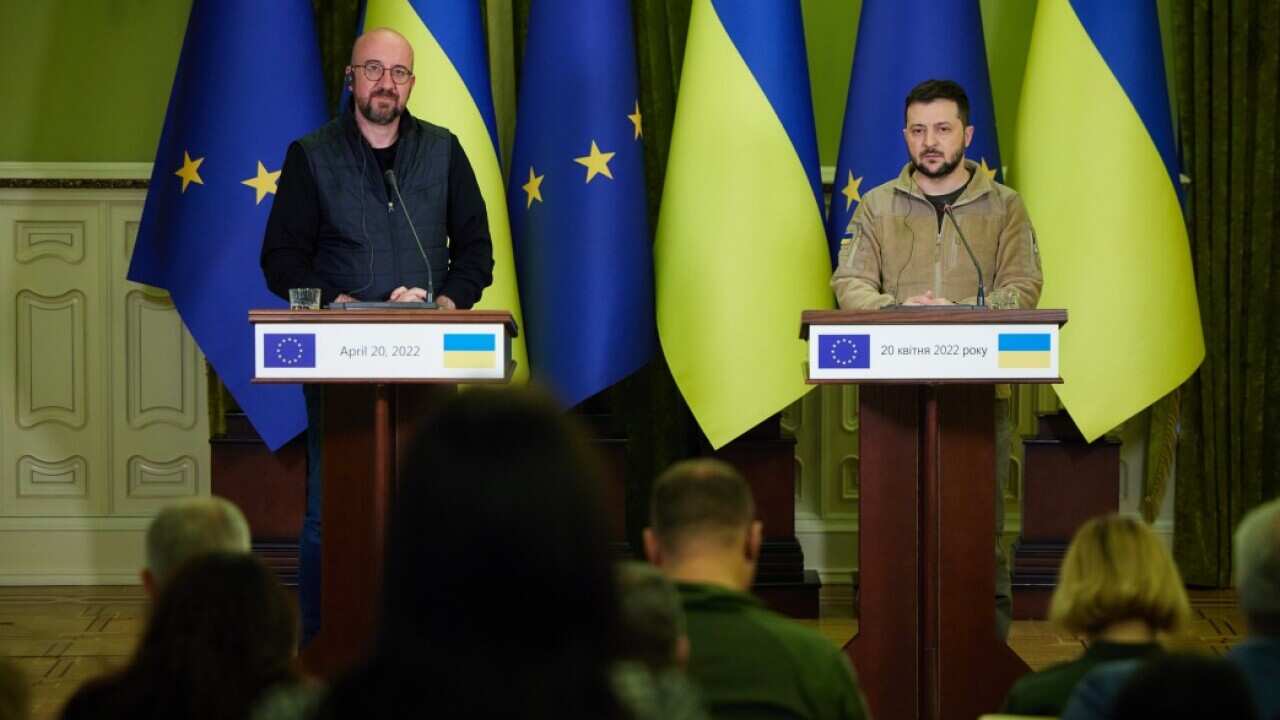 President Volodymyr Zelenskyy during a meeting with media representatives following talks with European Council President Charles Michel in Kyiv.