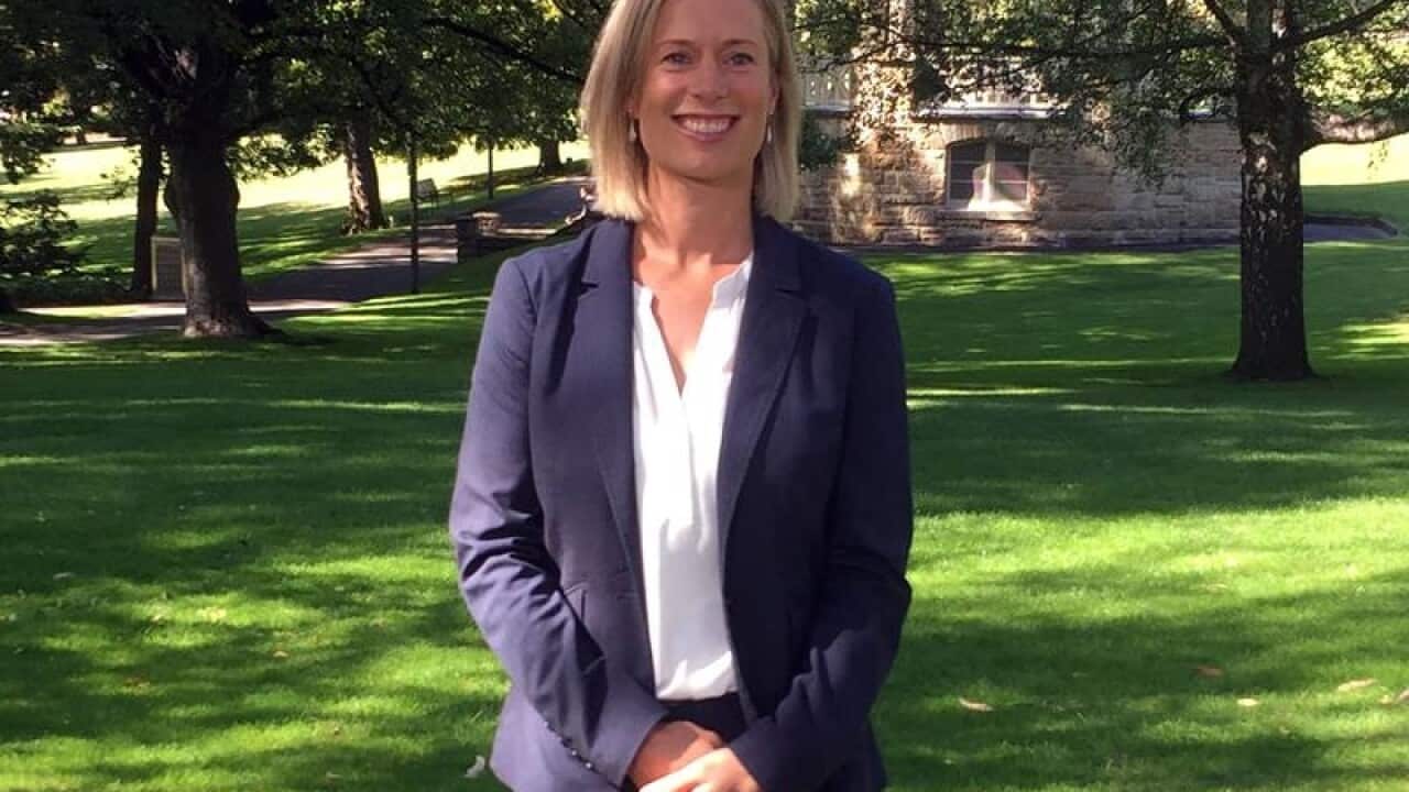 Rebecca White talks to the media in Hobart.