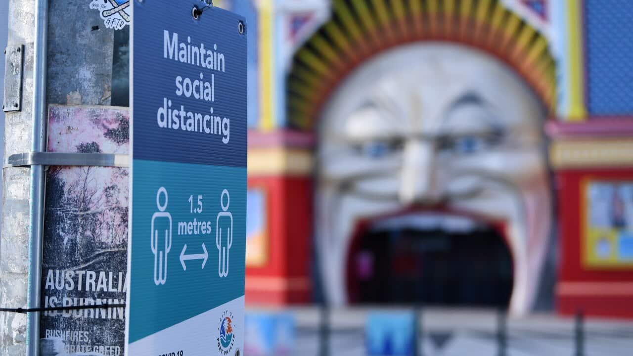 Signage for social distancing is seen outside of Luna Park in Melbourne