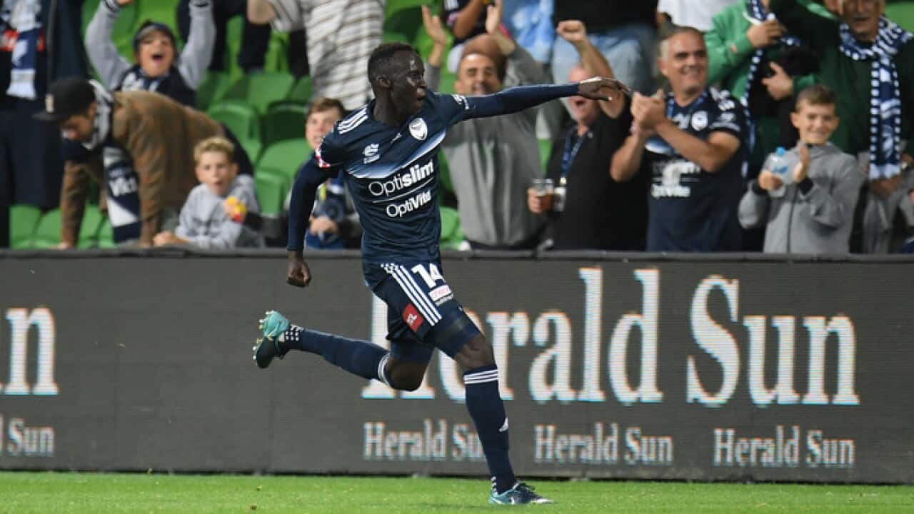 Thomas Deng celebrates scoring a goal fro Melbourne Victory