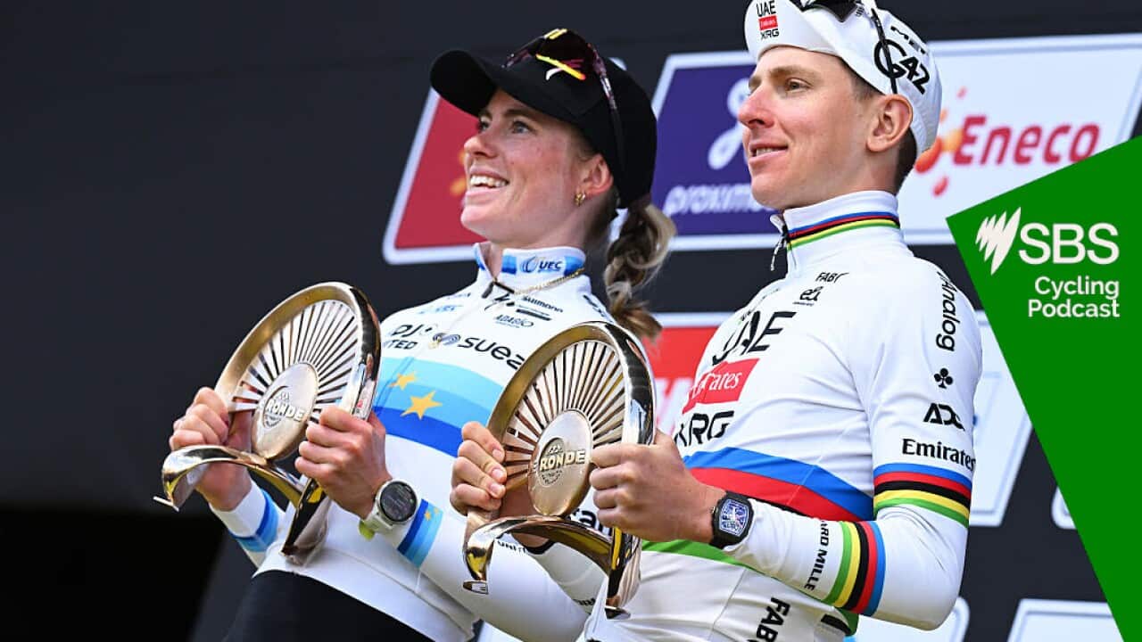 OUDENAARDE, BELGIUM - APRIL 05: (L-R) Demi Vollering of Netherlands and Team FDJ United - SUEZ and Tadej Pogacar of Slovenia and UAE Team Emirates - XRG celebrate at podium as race winners during the 23rd Tour of Flanders 2026 - Ronde van Vlaanderen - Women's Elite a 164.1km one day race from Oudenaarde to Oudenaarde / #UCIWWT / on April 05, 2026 in Oudenaarde, Belgium. (Photo by Dario Belingheri/Getty Images)