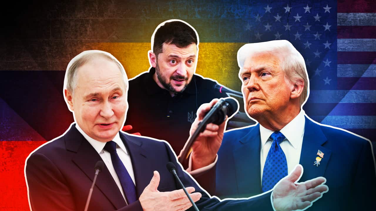 A composite image of Vladimir Putin (left), Volodymyr Zelenskyy (centre) and Donald Trump (right) in front of their country's flags.