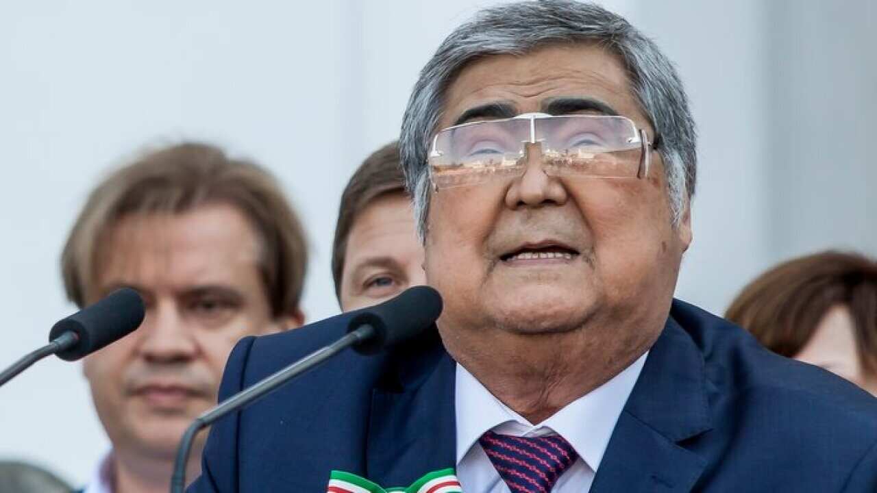 File photo, longtime Kemerovo regional Governor Aman Tuleyev speaks to a crowd in the Siberian city of Kemerovo