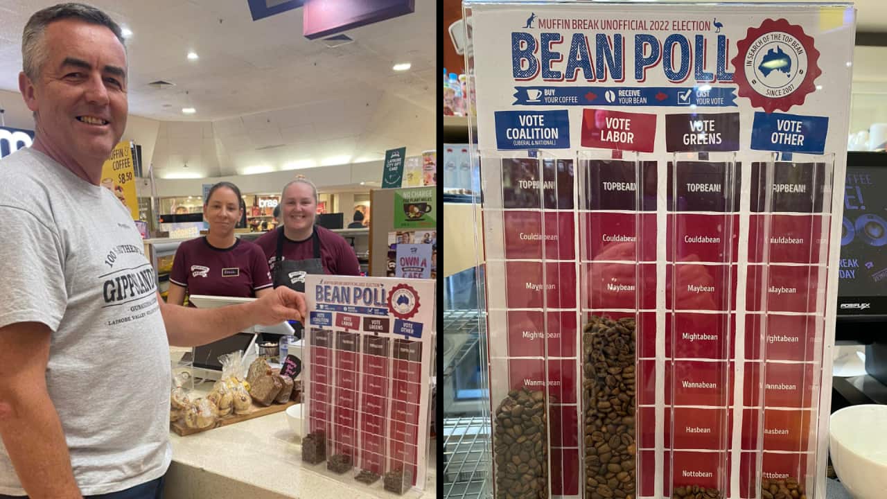 Man voting using coffee beans.