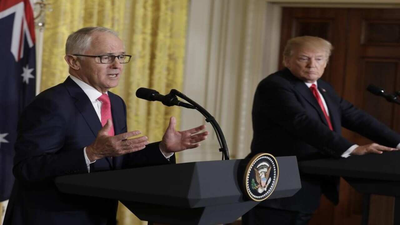 Malcolm Turnbull and Donald Trump address reporters at the White House