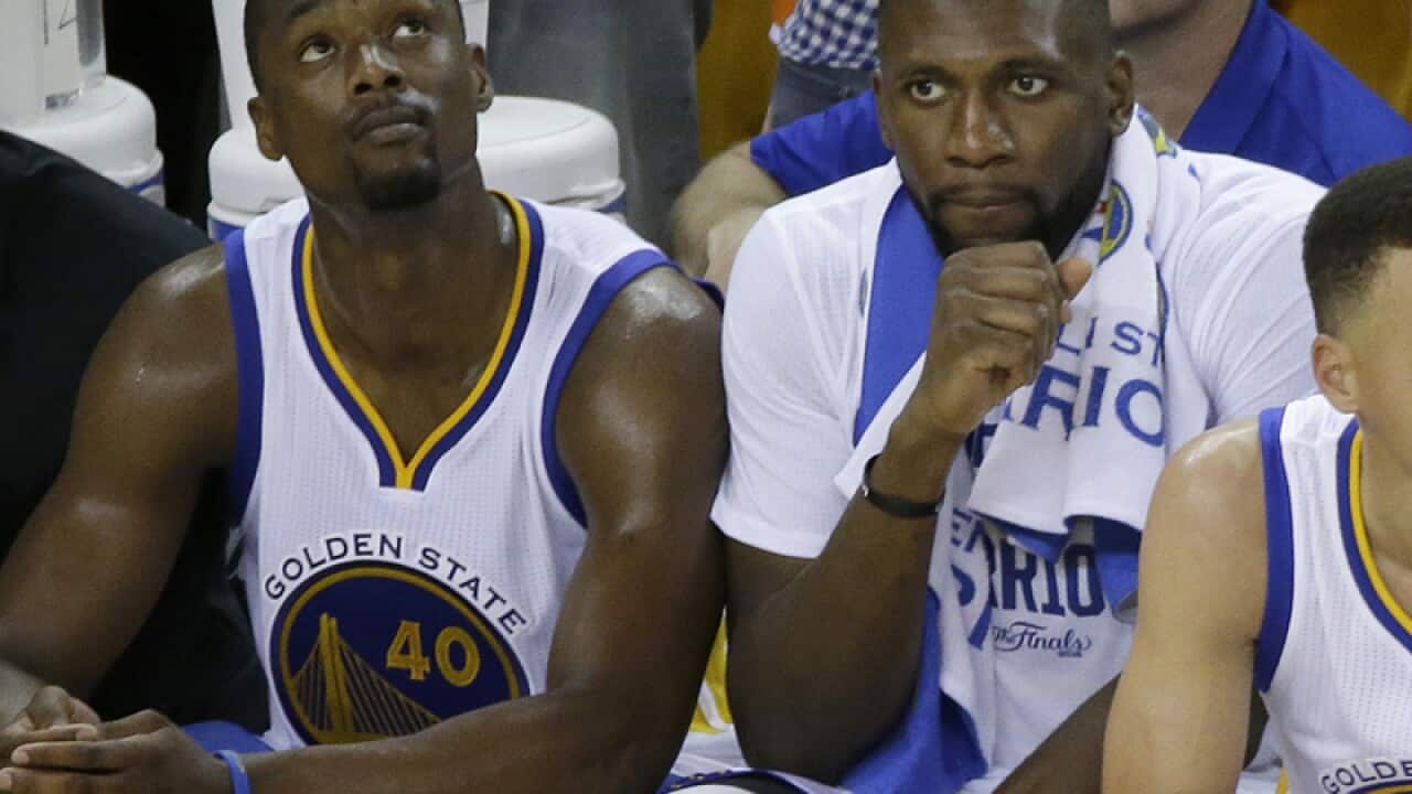 Golden State Warriors forward Harrison Barnes, from left, Festus Ezeli
