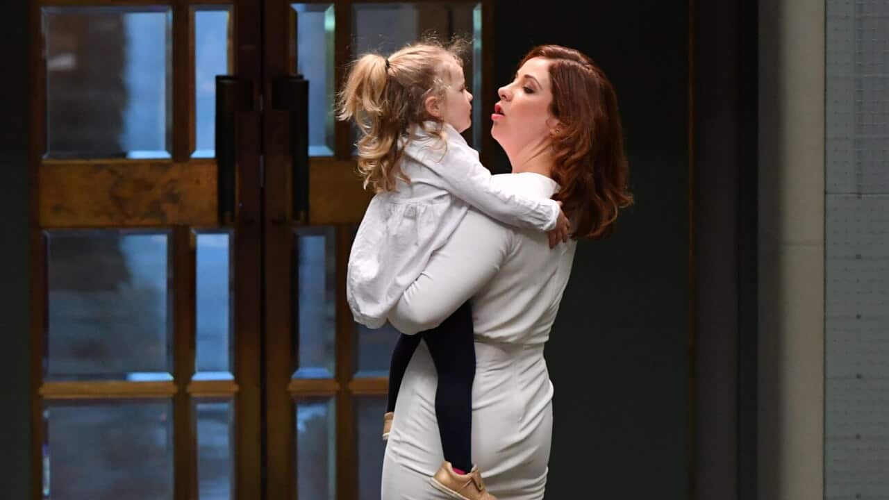 Labor Member for Lilley Anika Wells with daughter Celeste before Question Time in the House of Representatives at Parliament House in Canberra, Monday, July 22, 2019. (AAP Image/Mick Tsikas) NO ARCHIVING