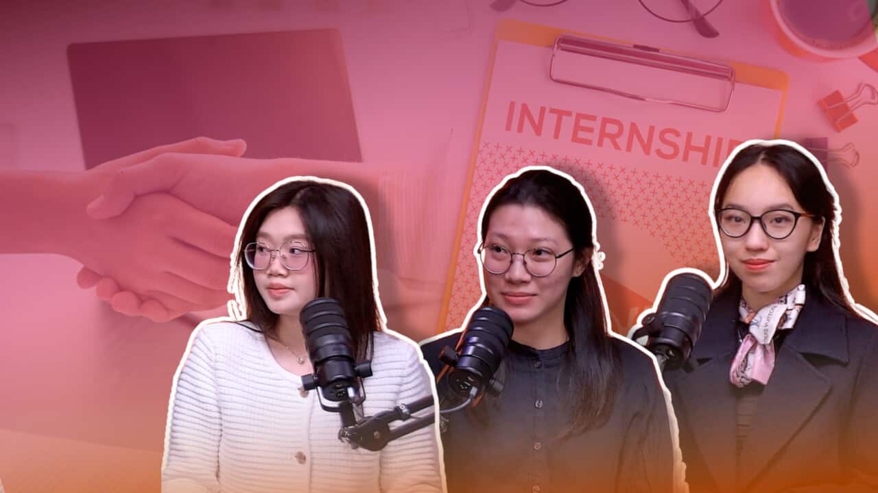 Ba du học sinh Ngân, Tú và Hà Vy chia sẻ những dấu hiệu cảnh báo mà người trẻ có thể gặp phải trong quá trình thực tập tại Úc. Nguồn hình: SBS / Canva / Graphic by Phương Linh