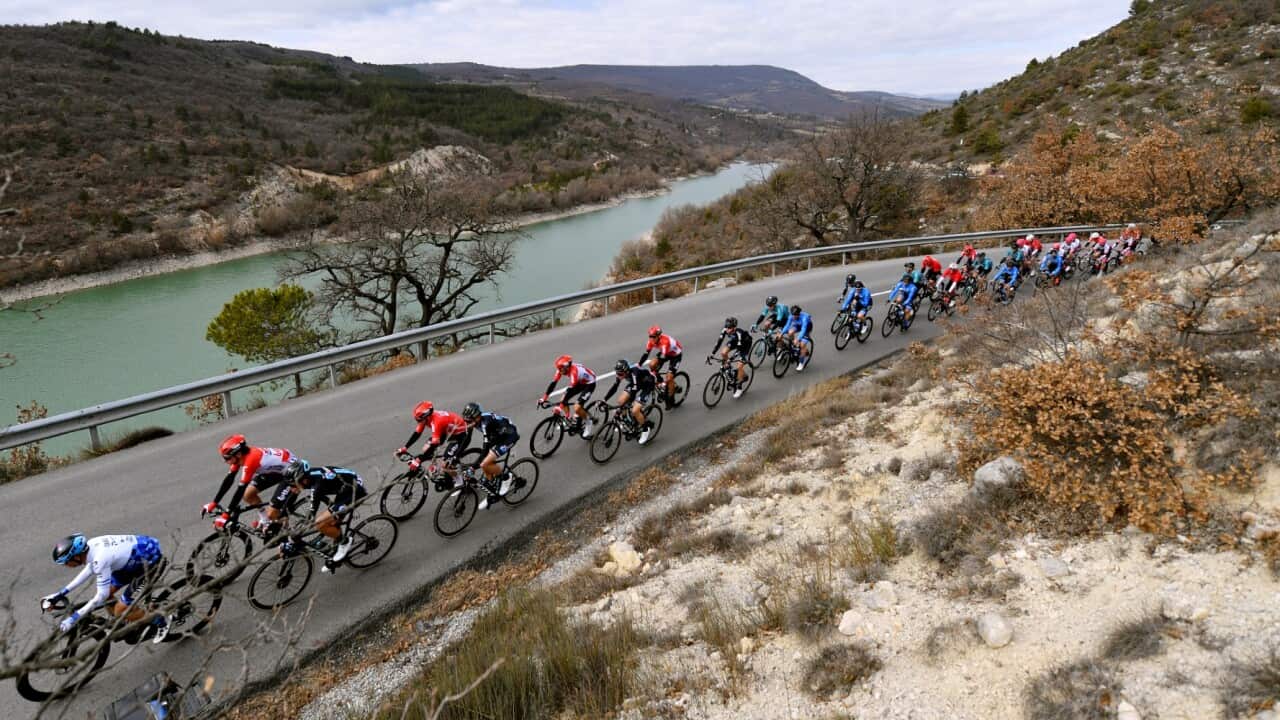 A general view of the peloton during the 2022 Tour de la Provence
