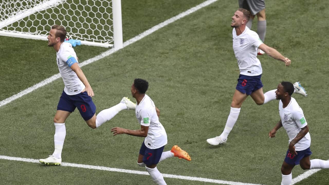 Harry Kane of England celebrates after scoring his side's second goal to make the score 2-0 during the 2018 FIFA World Cup Group G match between England and Panama