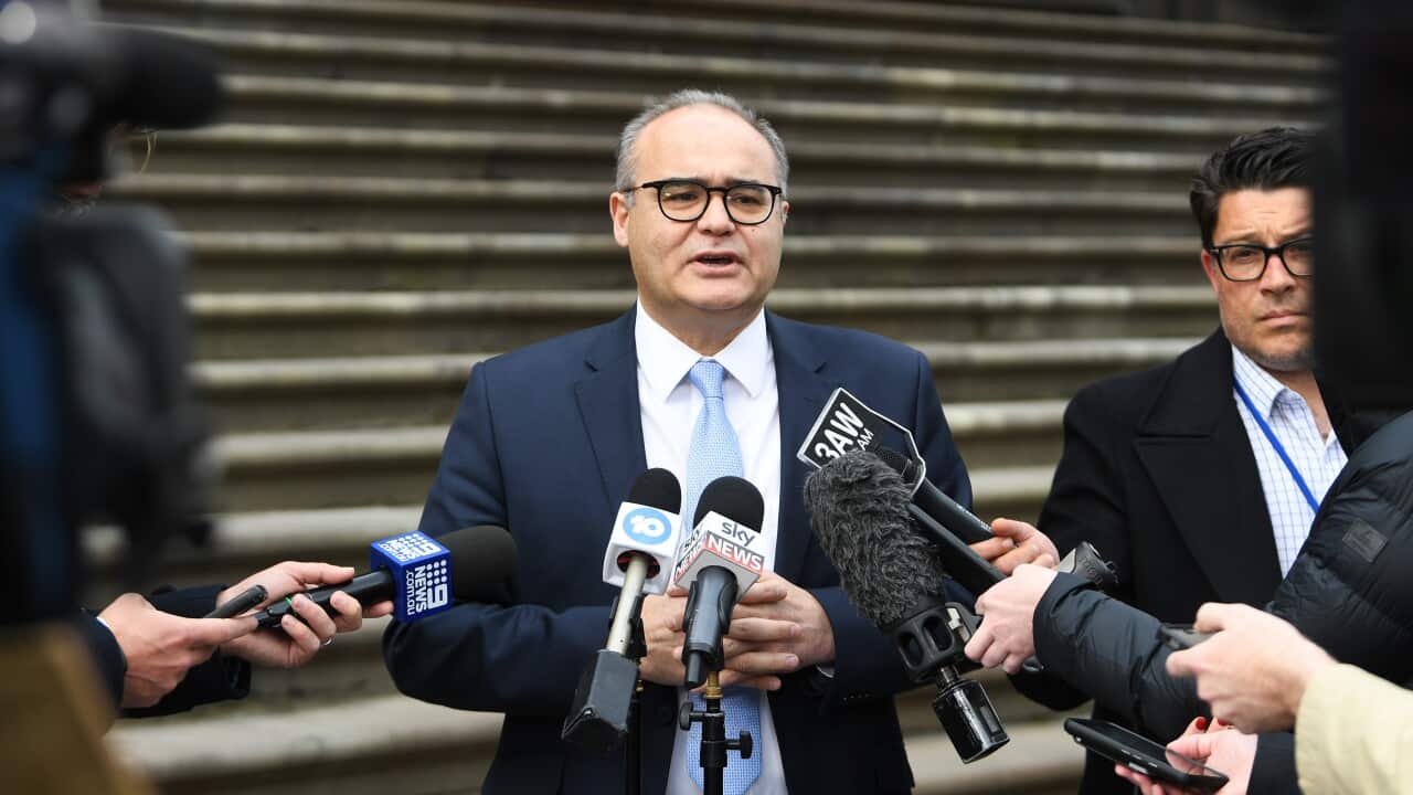 Local Government Minister Adem Somyurek speaks to reporters on the steps of the State Parliament of Victoria in Melbourne, Wednesday.