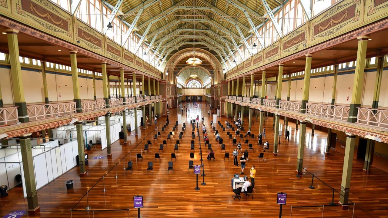 A general view of the vaccination centre at the Royal Exhibition building in Melbourne.