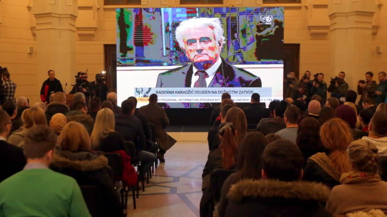 TV relay of the trial of war-time Bosnian Serb leader Radovan Karadzic