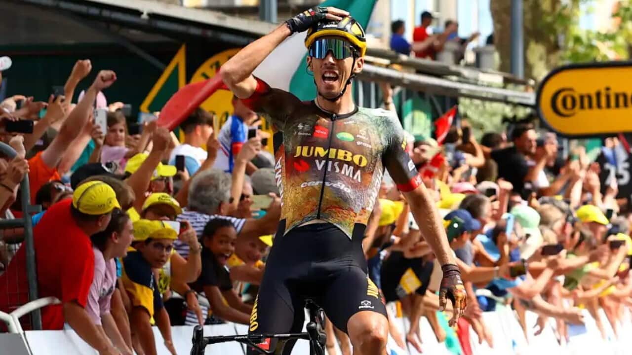 Christophe Laporte (jumbo-Visma) celebrates after winning stage 19 of the 2022 Tour de France.