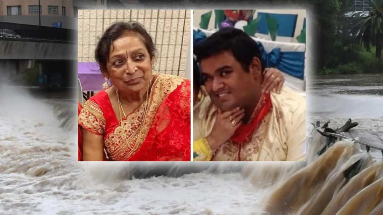 Hemalathasolhyr Satchithanantham (inset, left), along with the body of her son Bramooth (inset, right), was found in a flooded stormwater canal in western Sydney on Tuesday.