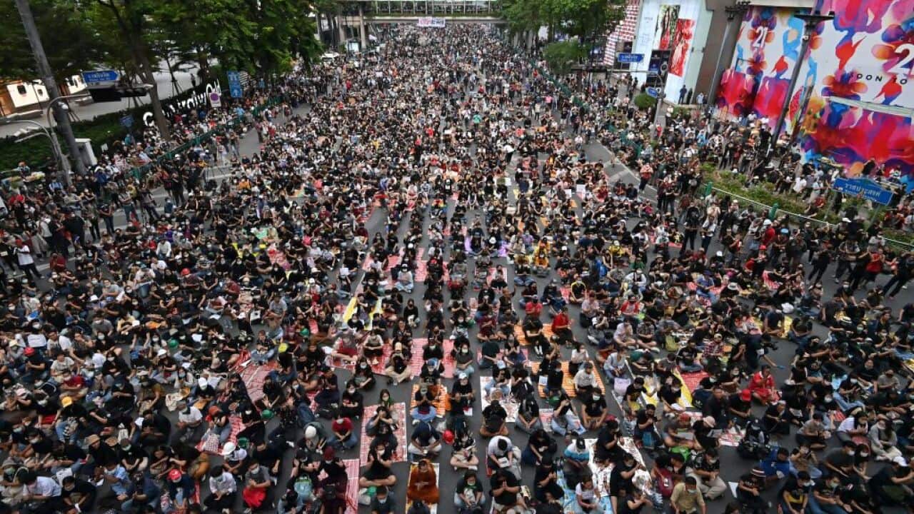 Pro-democracy protesters take part in an anti-government rally in Bangkok on October 25, 2020. (Photo by Mladen ANTONOV / AFP) (Photo by MLADEN ANTONOV/AFP via Getty Images)