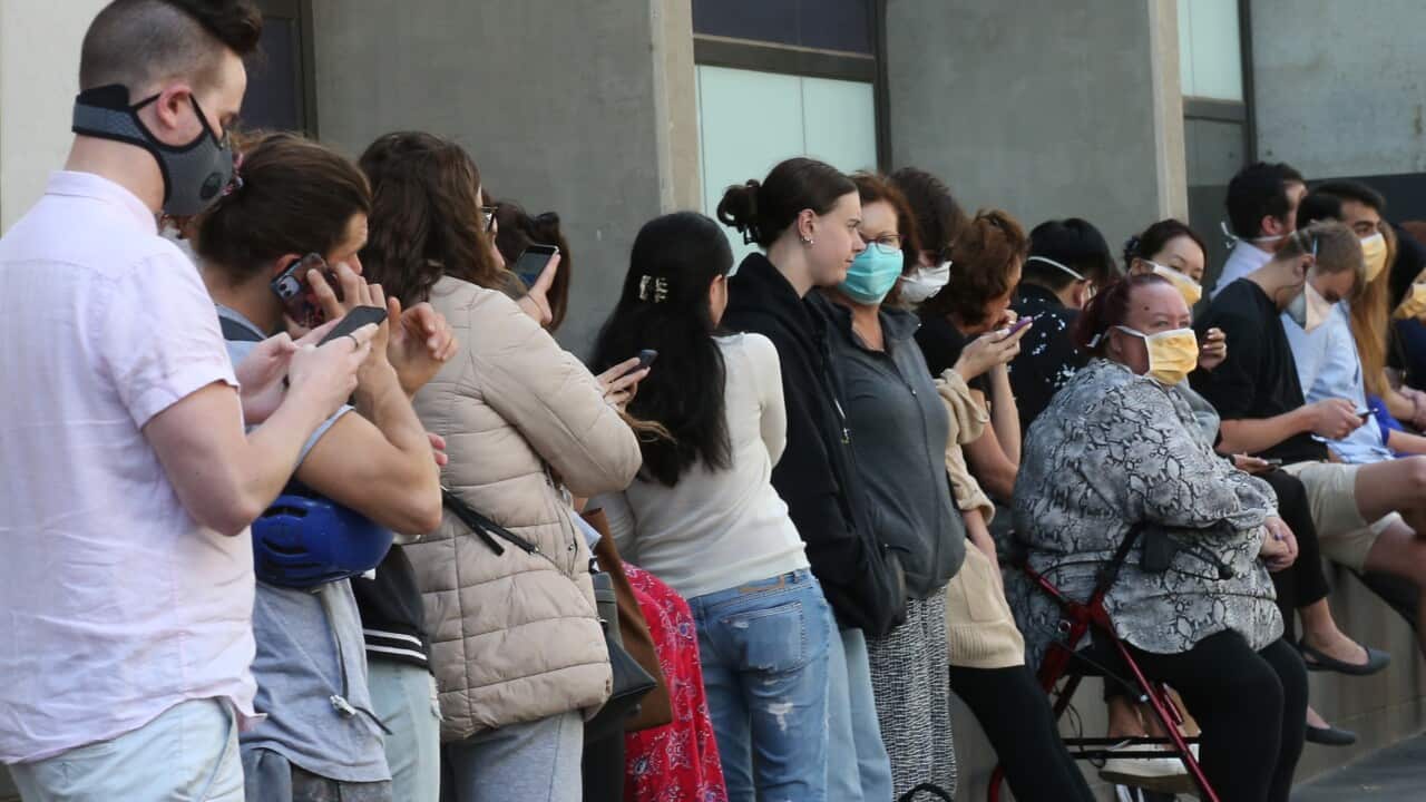 Patients line up at the Royal Melbourne Hospital for Coronavirus testing. Tuesday, 10 March, 2020.
