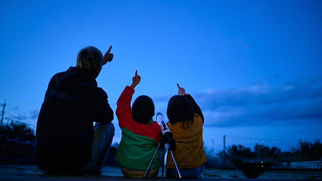 Silhouette of father and son pointing to sky.
