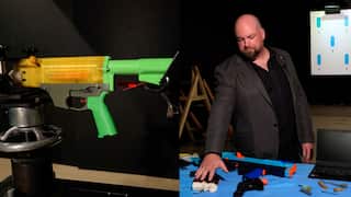 Collage; a man stands in front of plastic 3D-printed guns, and a 3D-printed gun is propped in a setting.