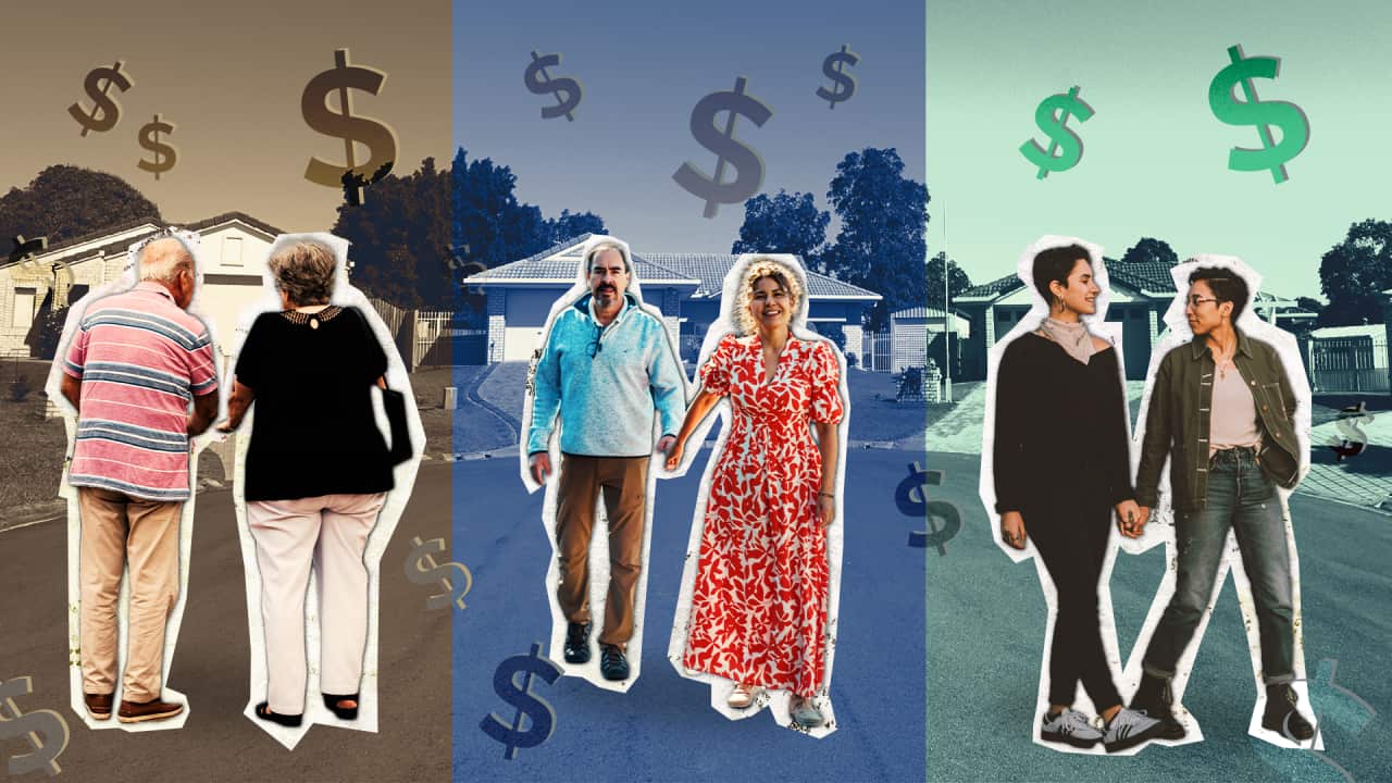 Three generations of couples -- boomers, gen x, milennial -- stand infront of houses with dollar signs floating above them.