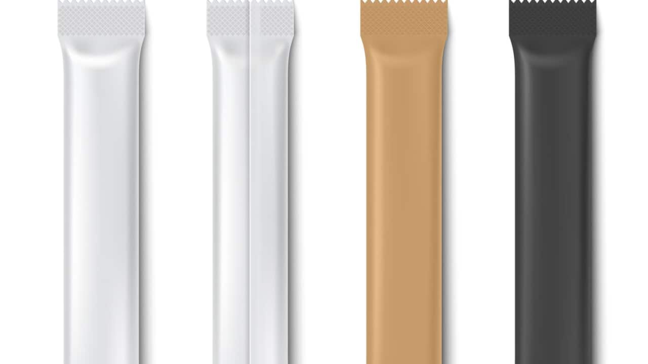 Sachet sticks for coffee mix . Sugar package mockup for coffee and tea, food product blank paper pack. Vector sugar container isolated on white