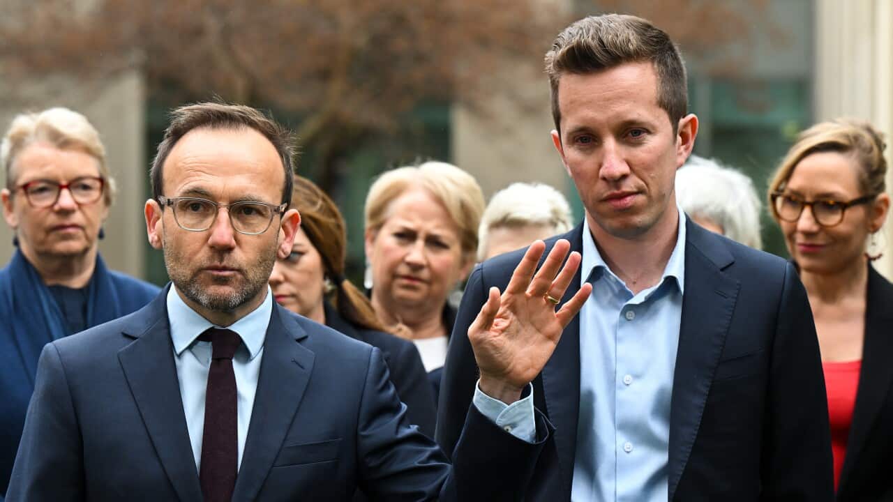 Australian Greens Leader Adam Bandt and Australian Greens member for Griffith Max Chandler-Mather speak at a press conference at Parliament House, in Canberra, Monday, June 19, 2023.