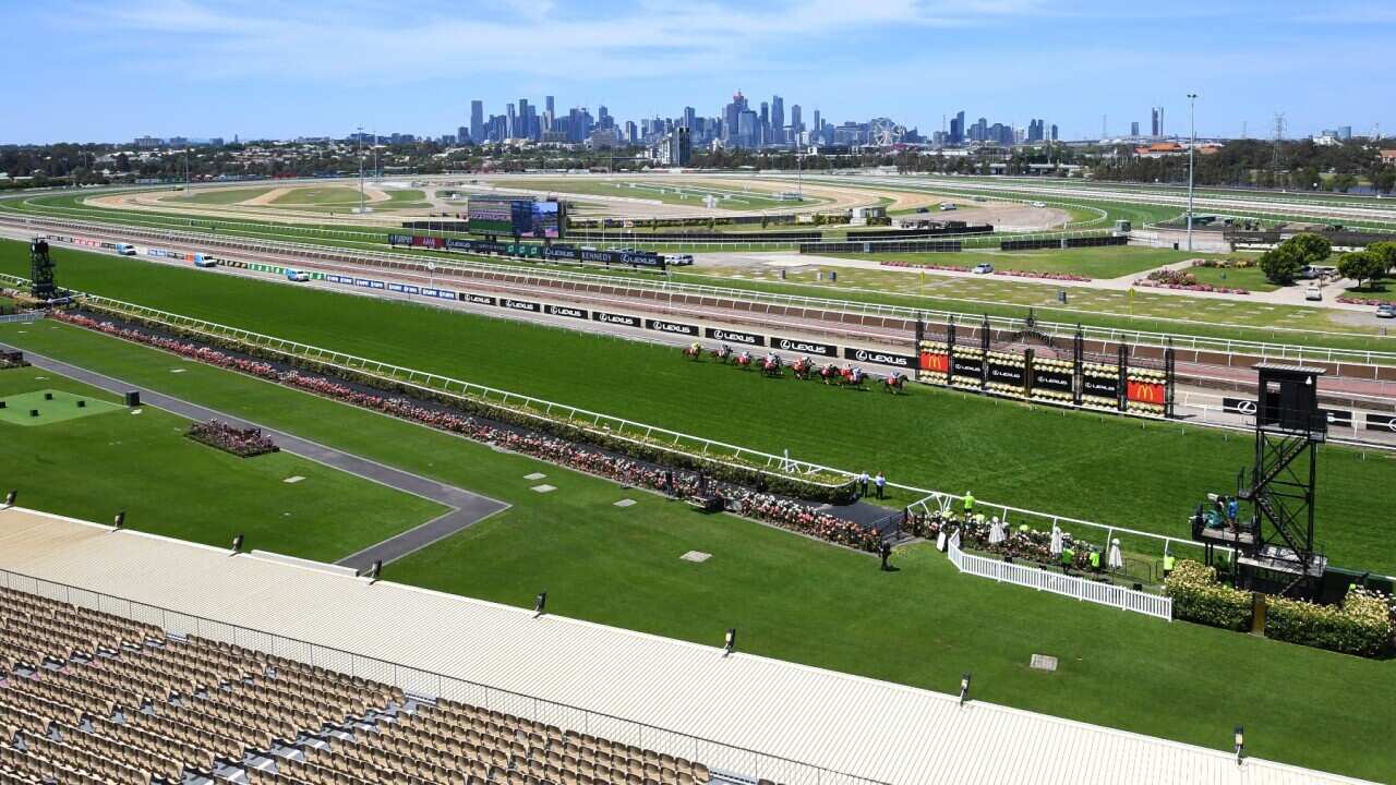 General view of the field in race 4, the The Macca's Run during Melbourne Cup Day at Flemington Racecourse in Melbourne, Tuesday, November 3, 2020.