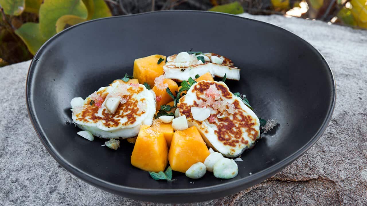 Fried haloumi with sticky fruit