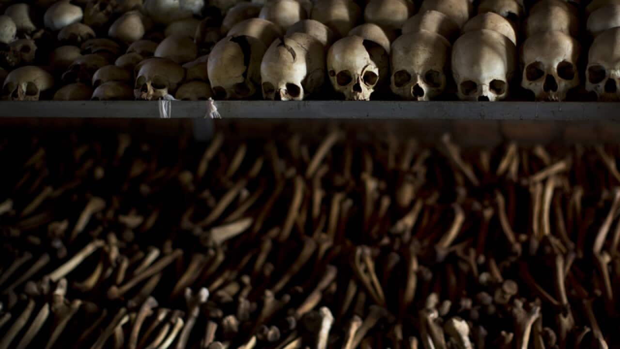 The skulls and bones of people slaughtered 1994 Rwanda genocide