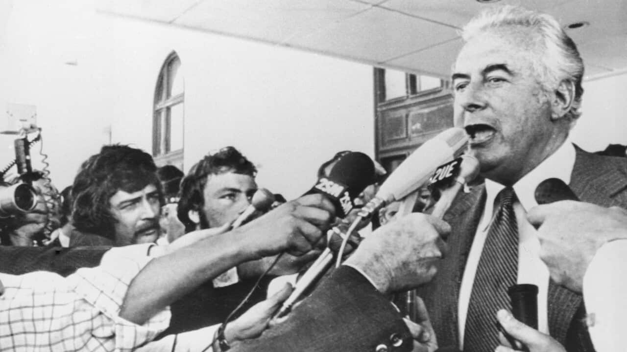 During Australia's constitutional crisis of 1975, Prime Minister Gough Whitlam addresses reporters outside the Parliament building in Canberra after his dismissal by Australia's Governor-General, 11th November 1975. Kerr named opposition leader Malcolm Fr