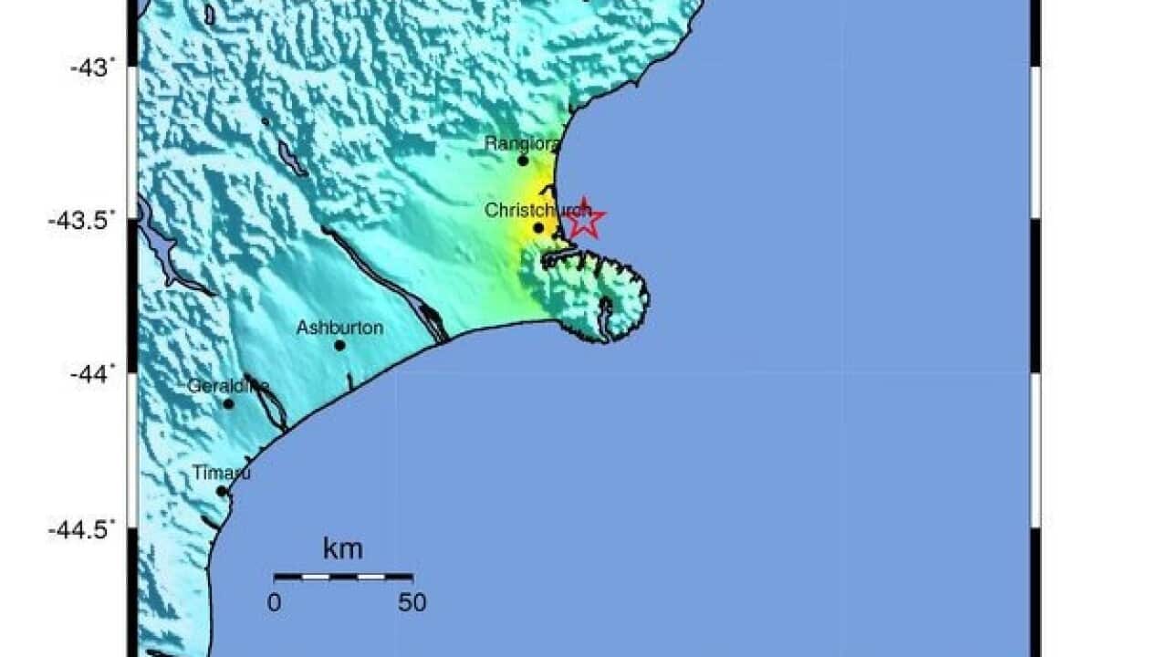 epa05159384 A handout image released by the US Geological Survey (USGS) on 13 February 2016 shows a shakemap of a 5.8 magnitude earthquake near Christchurch, New Zealand. EPA/USGS / HANDOUT HANDOUT EDITORIAL USE ONLY