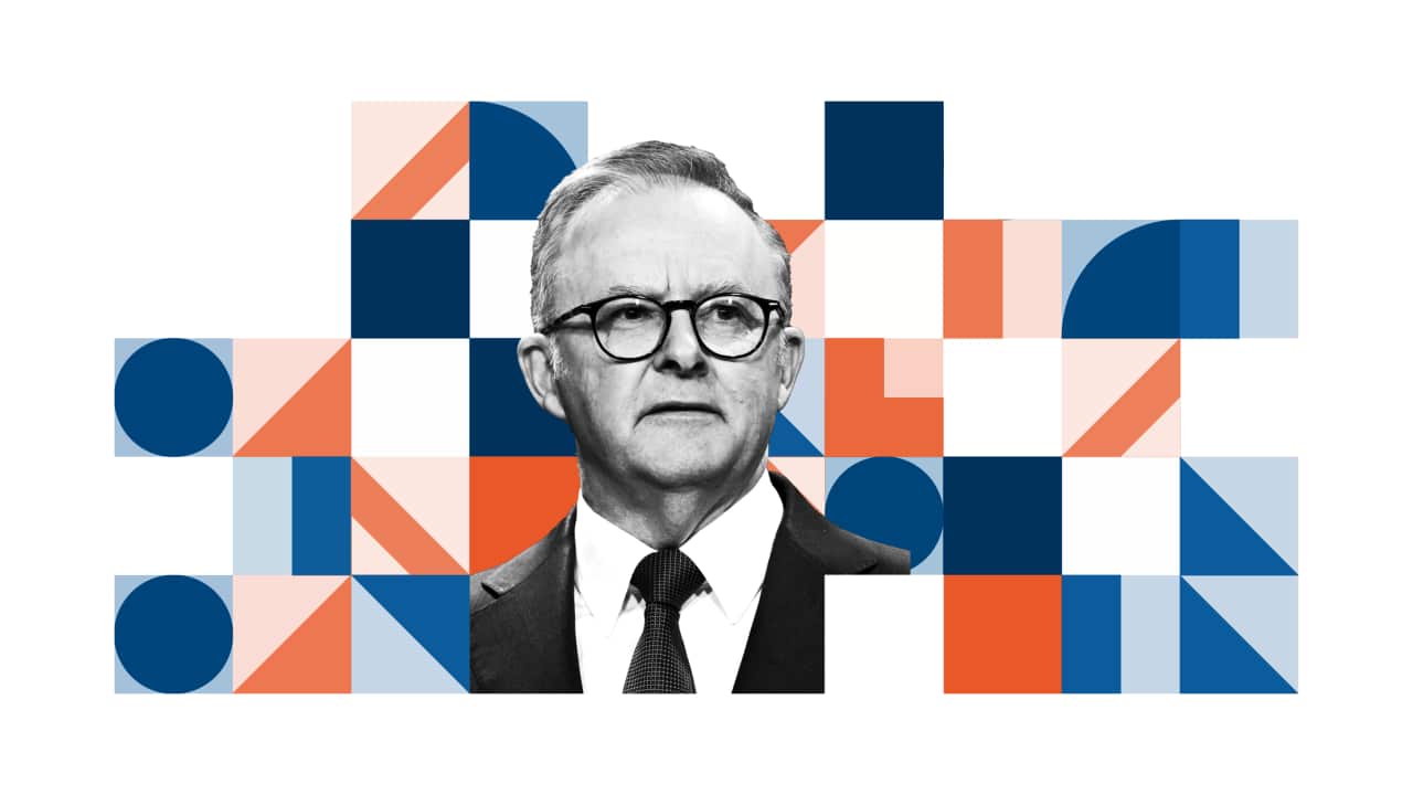 Artwork of Anthony Albanese surrounded by geometric shapes