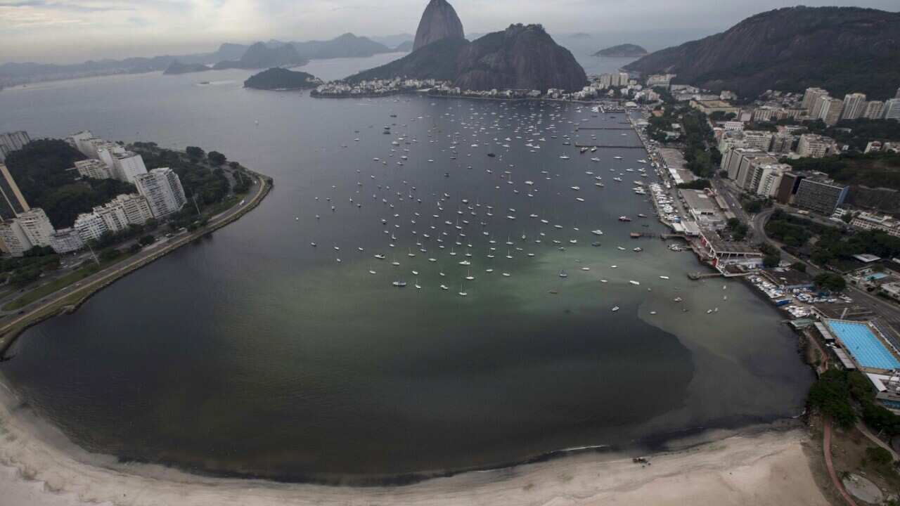 File image from early 2016 showing a giant stain produced by a sewage runoff at the cove of Botafogo, in Guanabara Bay 