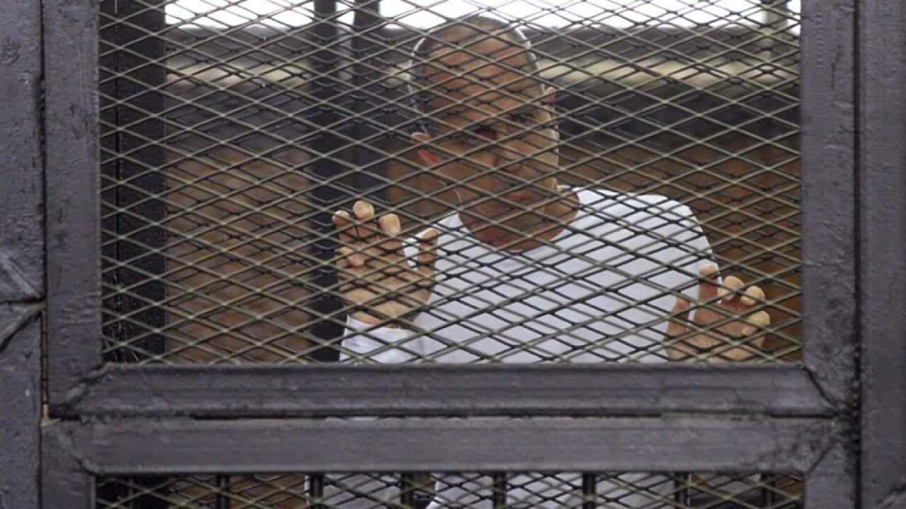 Al-Jazeera correspondent Peter Greste appears in a defendant's cage.