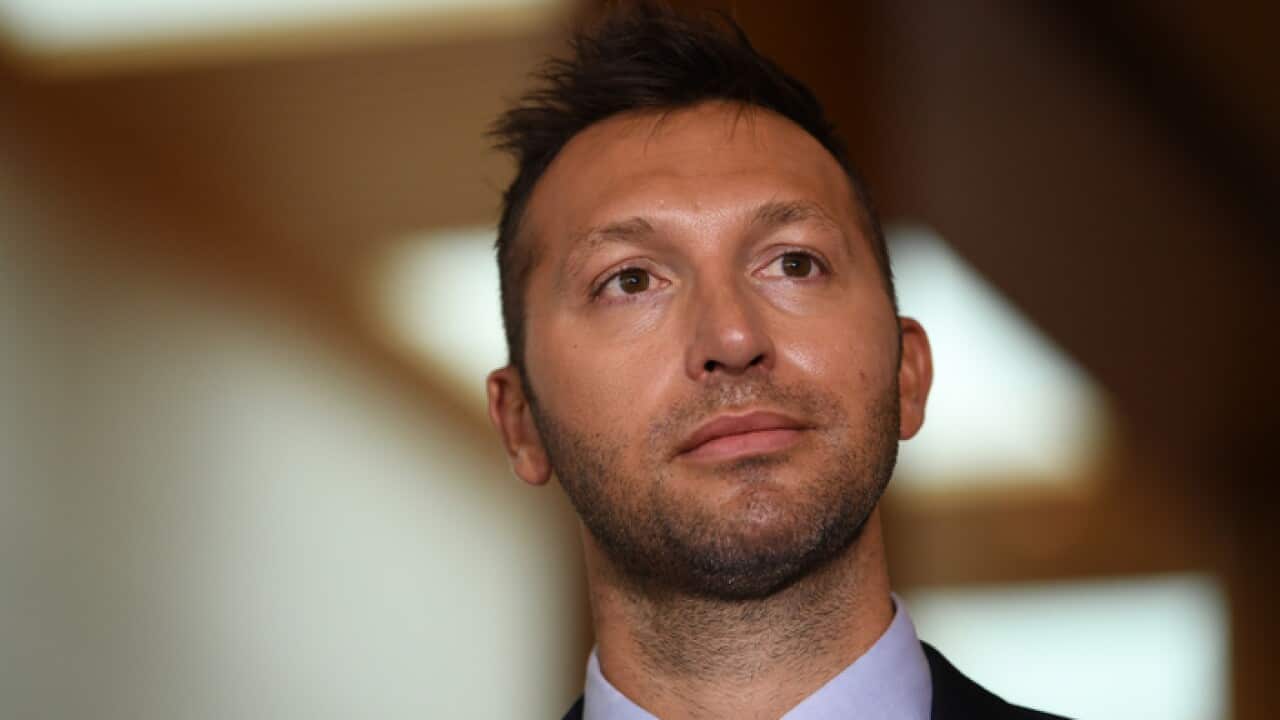 Australian Olympic champion Ian Thorpe speaks to the media during a press conference with members of the Equality campaign at Parliament House in Canberra, Thursday, October 26, 2017. (AAP Image/Lukas Coch) NO ARCHIVING