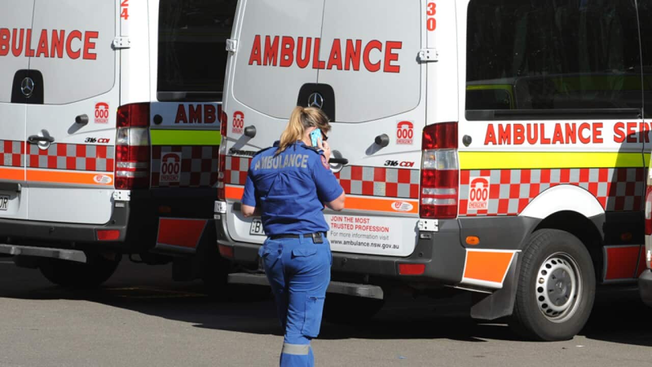 Ambulances parked at St Vincent's Hospital in Darlinghurst, Sydney