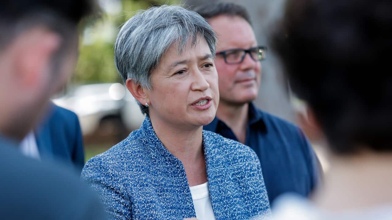 Foreign Affairs Minister Penny Wong speaks to media