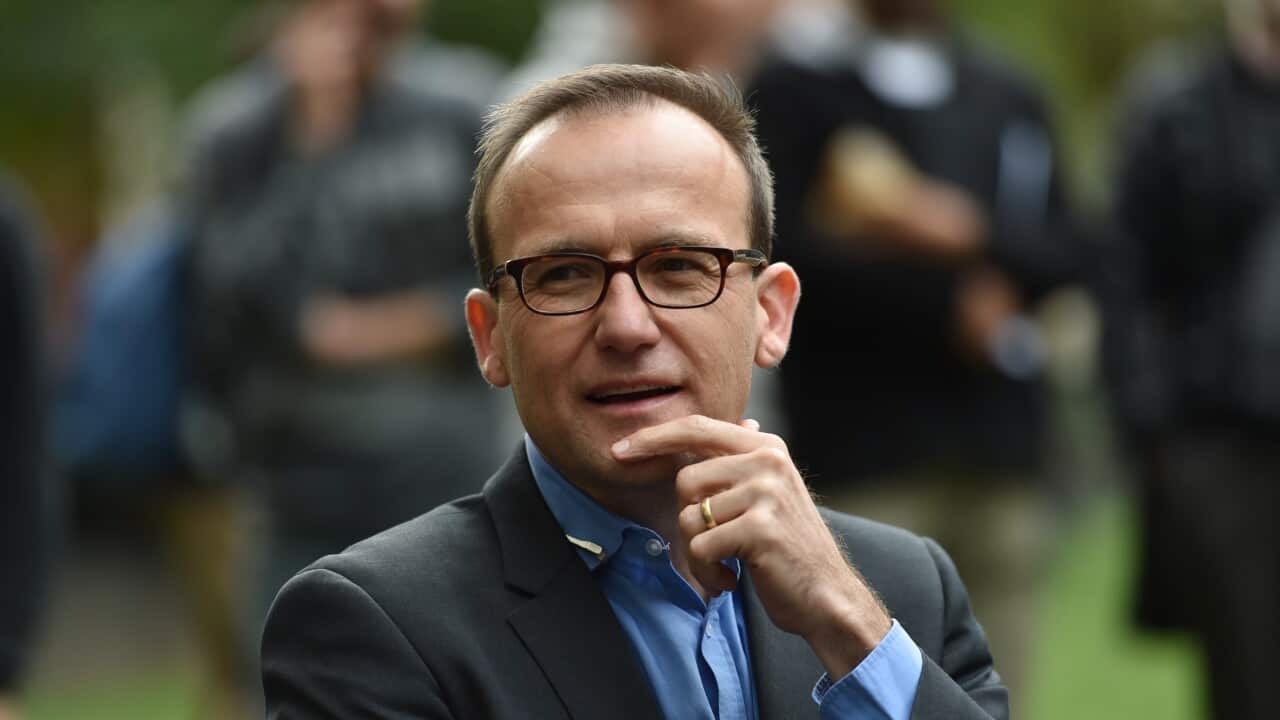 Adam Bandt standing facing camera wearing a suit