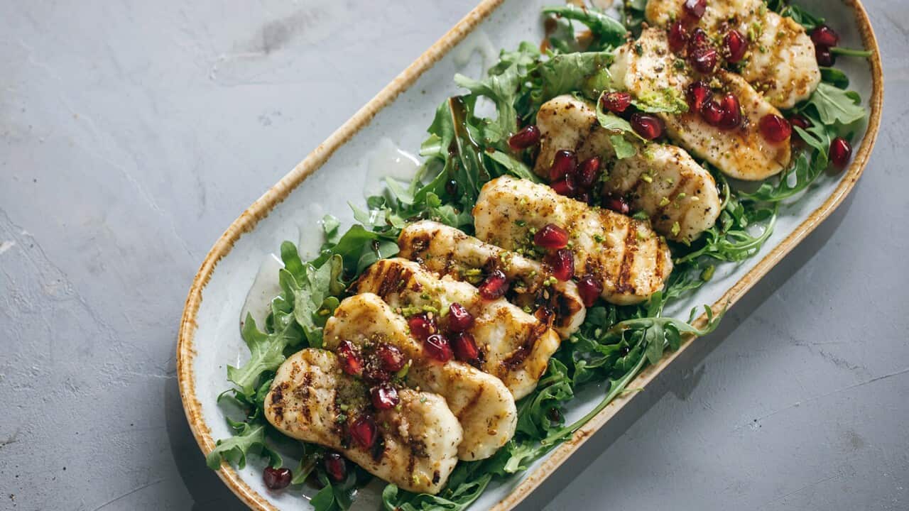 Haloumi za'atar chips with pomegranate molasses